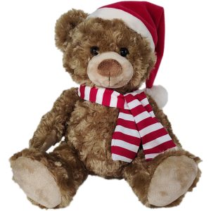 Traditional brown teddy bear with red Santa Hat and stripy scarf